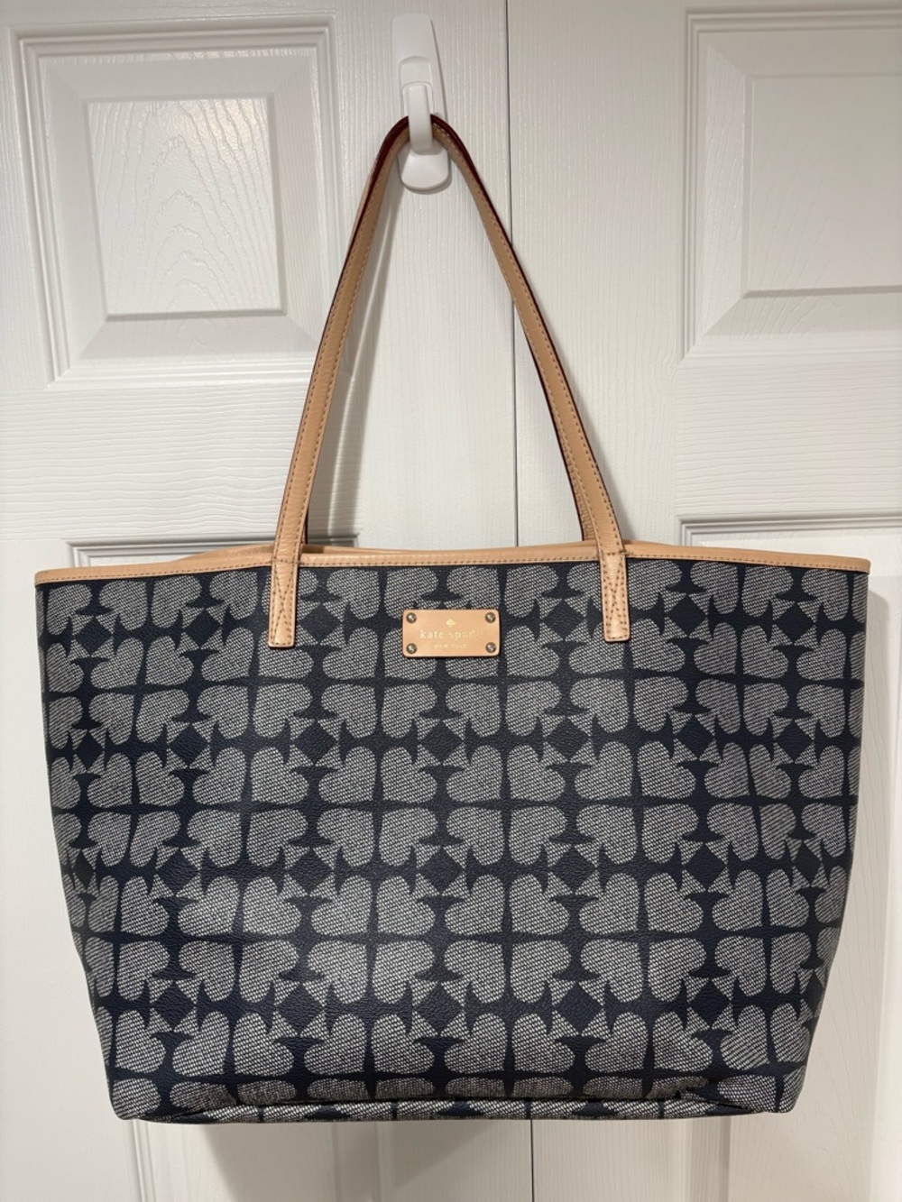 Kate Spade Navy Floral Pattern Tote with Tan Trim